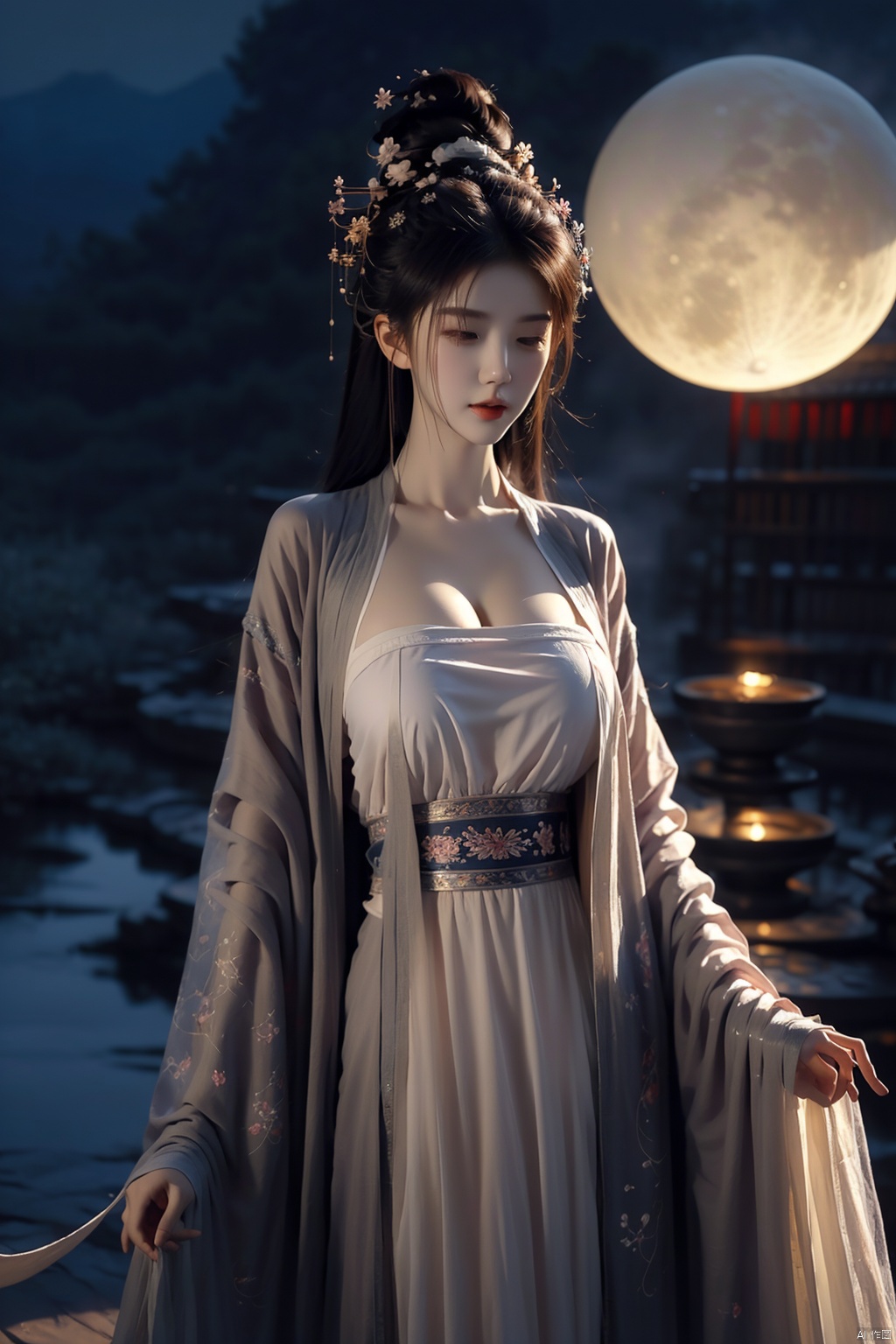  masterpiece,best quality,extremely detailed 8K wallpaper,1girl,chang,long sleeves,huge breasts,((moon)),starry sky,(lighting particle),fog,snow,(bloom), qingsha