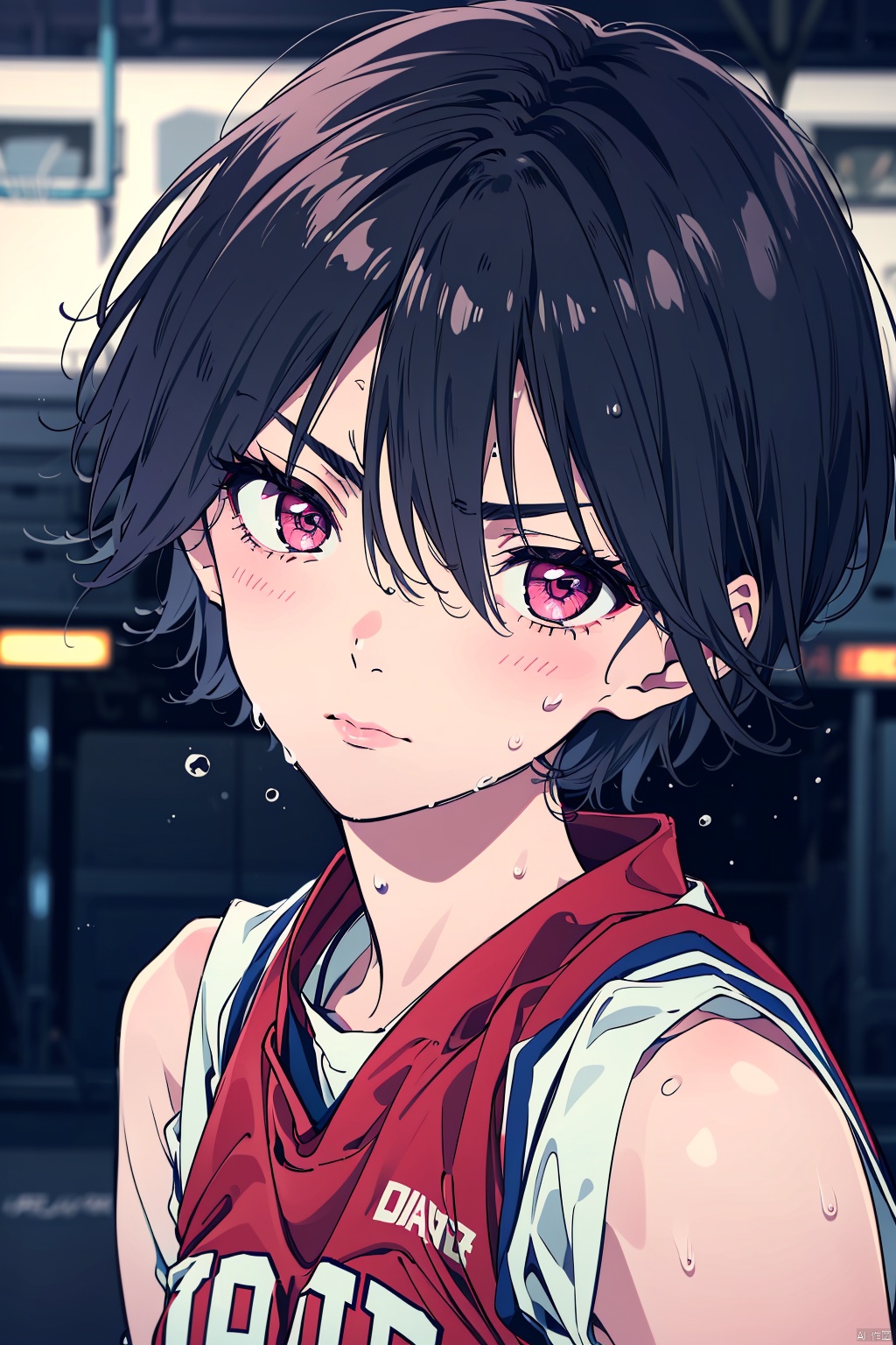 1girl, solo, short hair, dark blue hair, very short hair, hair between eyes, basketball uniform, pink eyes, closed mouth sweaty, sweating, ((basketball court background, blurry background, face focus, close-up))
