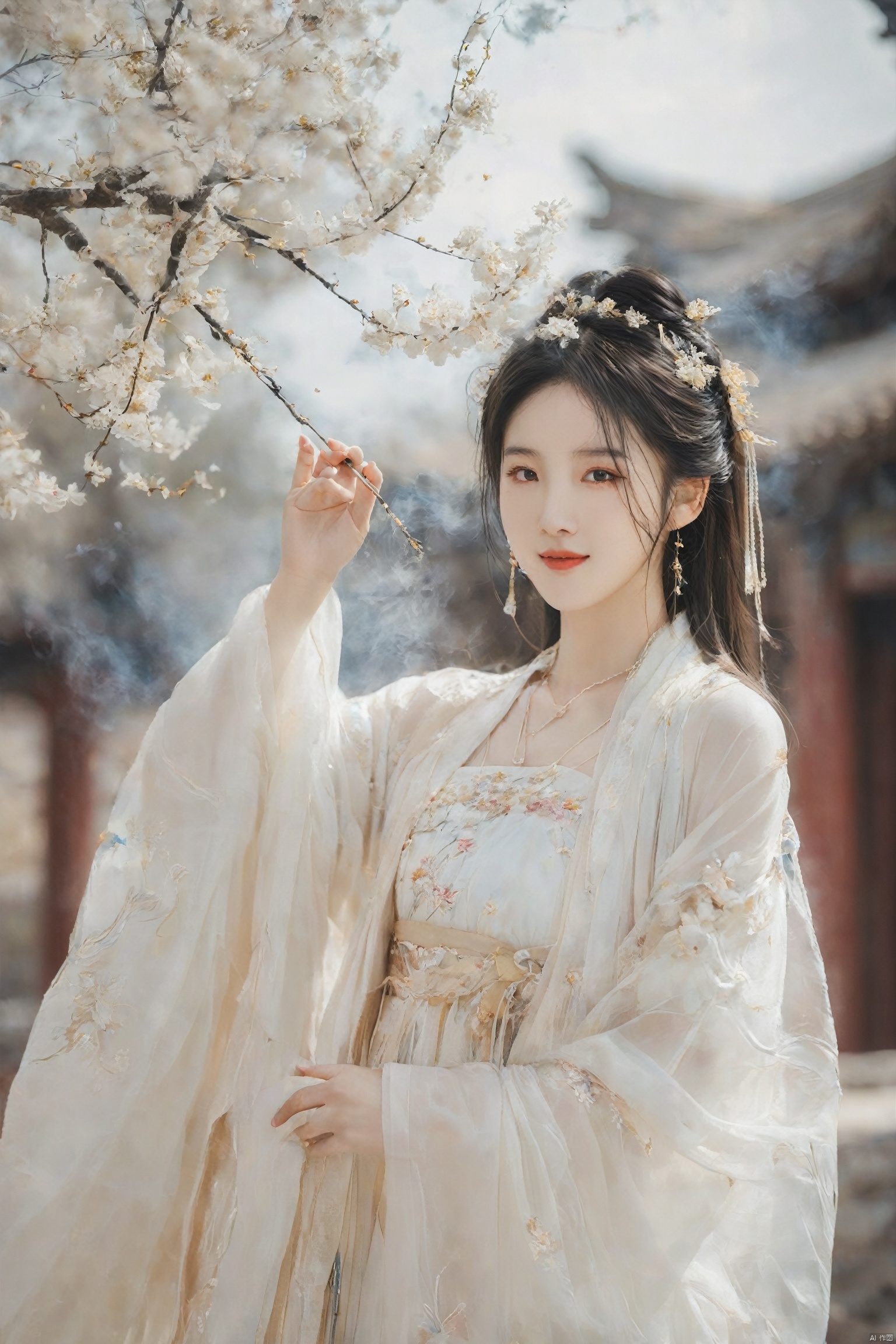  best quality, masterpiece,cowboy_shot,(Good structure),,a girl,xianjing,Off-the-shoulder, bust photo,upper body,Hanfu, Cloud, Smoke,branch,flower, smile,Gaze at the audience, Ink scattering_Chinese style, ((poakl)), ,looking_at_viewer,kind smile, , chinese dress,white dress, liuyifei,long_hair