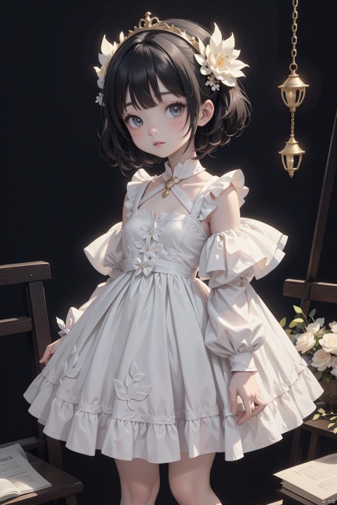 In a dimly lit two-dimensional anime style illustration, the scene is set against a subtle background that doesn't reflect light, creating a more subdued atmosphere. At the center, a young girl stands, portrayed in a detailed anime aesthetic, wearing a simple yet elegant dress. Her posture is relaxed, filled with a sense of wonder as she looks upwards. Surrounding her, numerous masks float weightlessly in the air, all of them pure white but each bearing a unique expression. These masks, despite their uniform color, stand out due to their diverse expressions, adding a layer of intrigue to the scene. The masks are at various distances from the girl, some appearing closer to the viewer, enhancing the depth of the scene without the use of reflective effects. The entire composition is carefully crafted to minimize brightness and reflections, focusing instead on the varied expressions of the white masks and the curious gaze of the girl. The illustration's perspective is a long shot, ensuring