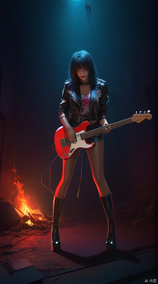 (best quality), (top quality), (dark), (full body), (melancholy), (sadness), (agony), (terror), (horror), (vibrant colors, neon), (realistic photo), (real photo) dark women's musical band, (vocalist, guitarist, drummer and bassist)