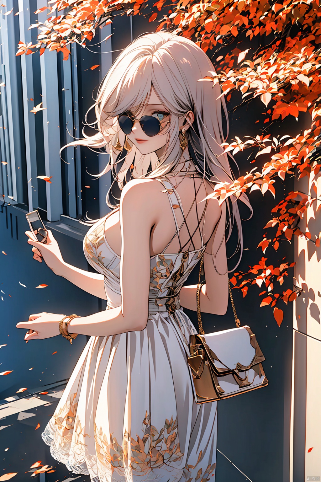1girl, frameless sunglasses, iridescent light, sunny day, reflection on frameless glasses, (lens flare:1.3), yellow theme, looking at viewer, white lace silver summer dress, glitters on dress, from above side, street with flower grass trees, (detailed:1.3) image, (intricate:1.2)(autumn :1.3), (masterpiece:1.2), (best quality:1.2), newest, intricate details, ai-generated