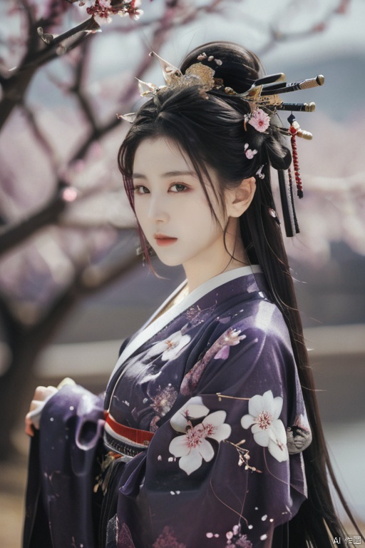 1girl, purple hair, dark purple hair, purple clip on hair, wearing Japanese clothes, Japanese clothes, purple and white Japanese clothes, holding a sword, holding a purple shiny sword, glowing purple sword, Japanese type sword, background charry blossom trees, beautiful pinkish charry blossom trees, dark purple sky, look at the view, vibrant colors, masterpiece, sharp focus, best quality, depth of field, cinematic lighting, lora:more_details:0.5, Mommy Waifus