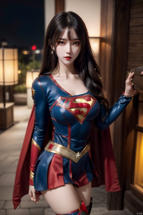 woman posing for a photo,(using supergirl cosplay outfit),mini skirt,(Hasselblad photo),finely detailed skin,sharp focus,(cinematic lighting),collarbone,night,soft lighting,dynamic angle,(5 star hotel),outside
