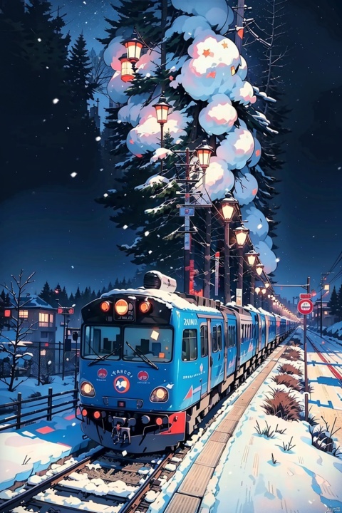 There is a train running along the tracks in the snow,Makoto Shinka's concept art,tumblr,magic realism,beautiful anime scenes,cosmic sky,((makoto shinkai)),anime background art, anime backgrounds,galaxy express, no humans