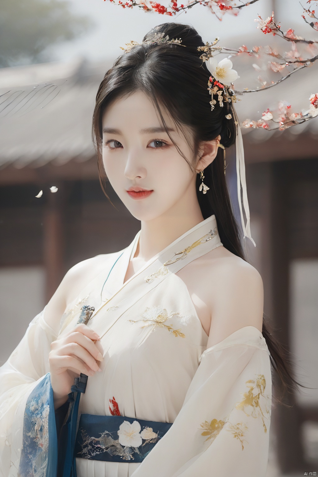  best quality, masterpiece,cowboy_shot,(Good structure),,a girl,xianjing,Off-the-shoulder, bust photo,upper body,Hanfu, Cloud, Smoke,branch,flower, smile,Gaze at the audience, Ink scattering_Chinese style, ((poakl)), ,looking_at_viewer,kind smile, , chinese dress,white dress, liuyifei,long_hair