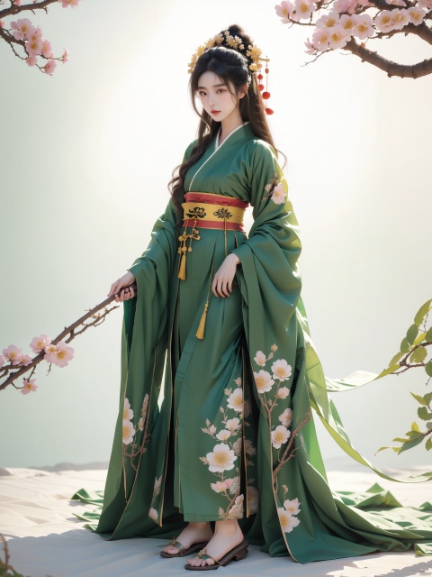  1girl, black_hair, flower, full_body, geta, green_eyes, hair_flower, hair_ornament, holding, japanese_clothes, kimono, long_hair, sandals, simple_background, solo, staff, tabi, very_long_hair, weapon, white_background, wide_sleeves, watercolor,chinese,hanfu, guoflinke, (\shen ming shao nv\)