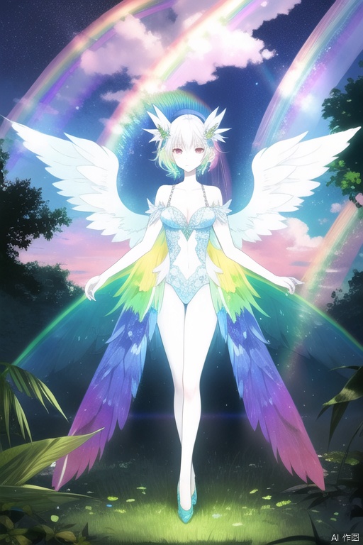 beautiful fairy with raimbow wings, standing, on deep forest, sun light throung leaf, volumetric light, iridescent light, close up on body, sun light, rim light through wings project a( rainbow color volumetric light:1.5), (masterpiece:1.2), (best quality:1.2), newest, ai-generated, intricate details, perfect anatomy