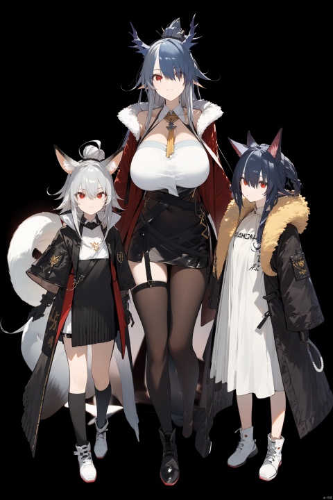 fox ears, red and black color, red eyes, white hair, hood, open jacket, full body, fur trim, hair between eyes, huge chest, multiple girls, little, oversized clothes