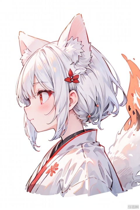 Anthropomorphic kitsune furry with nine tails with white clothing with dark red details for profile picture