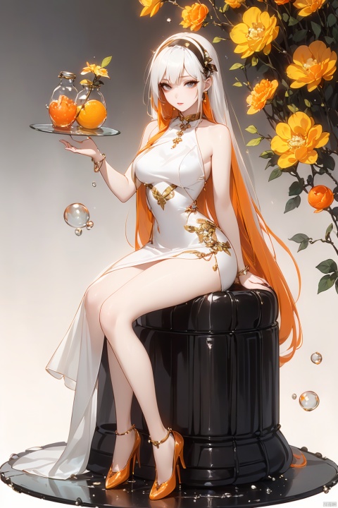  orange theme ,(flowers background:1.45),(transparent background:1.3)(an extremely delicate and beautiful girl inside of glass jar:1.2), (glass jar:1.35),(solo:1.2), (full body), (beautiful detailed eyes, beautiful detailed face:1.3), (sitting ), (very long silky hair, float white hair:1.15), (medium_breasts, tally and skinny:1.2), (Colorful dress:1.3), (extremely detailed lace:0.3), (insanely detailed frills:0.3),(hairband , orange hair_ornament:1.25),orange cans,water surface,full body,kneeing,(bottle filled with orange water,bottle filled with Fanta:1.25), (many fruits in jar, many Sliced_fruits in jar:1.25), (many bubbles:1.25),