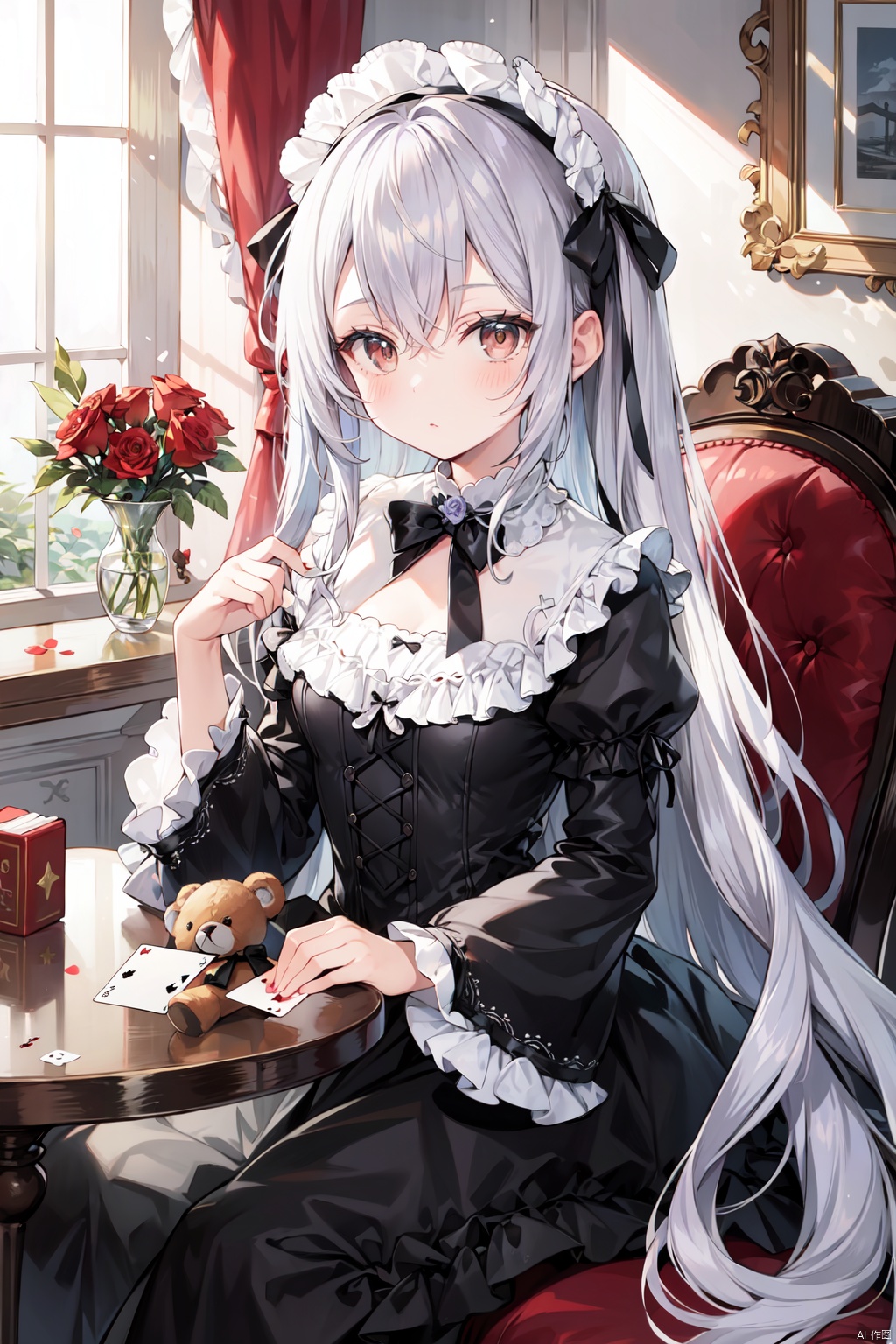  1girl, solo, long_hair, looking_at_viewer, bangs, long_sleeves, dress, bow, brown_eyes, sitting, very_long_hair, closed_mouth, flower, hair_bow, grey_hair, frills, indoors, wide_sleeves, black_dress, book, petals, black_bow, rose, chair, stuffed_toy, table, stuffed_animal, red_flower, ball, lolita_fashion, teddy_bear, red_rose, card, gothic_lolita, photo_\(object\), playing_card, vase, picture_frame