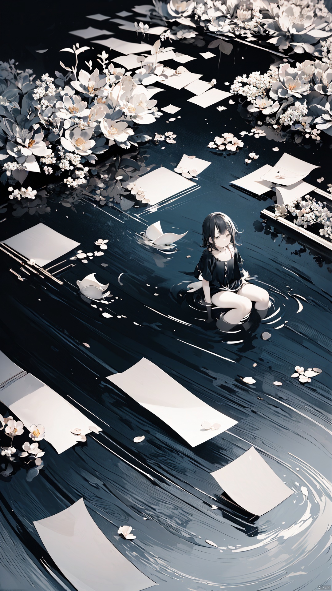  ((floating white papers,monochome, black ink splash)),white background,reflecction,ripple,rainy,1girl,(wide shot,panorama,full body,sitting on water surface,looking up,from above), backlight, mfotou