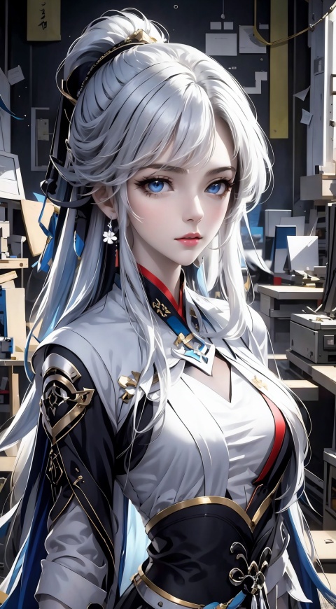  1girl, long hair, bangs, blue eyes, white hair, floating hair,Cubist abstraction, the figure of a girl amidst a geometrically fractured workshop, computer parts as the subject of artistic fragmentation, vibrant color palette, low-angle perspective, sharp lines, high-resolution canvas., (/qingning/), (\MBTI\)