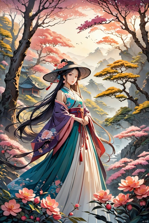  Masterpiece, best quality, 8K, cinematography, ultra-high resolution, Chinese painting, 1 girl, solo, mid chest, early morning, forest, peach and plum, headwear, colorful hair, floral hair, Chinese art, long skirt, Hanfu, Calf, stockings, whole body, extra long hair, floating hair, ribbons, upper body, Chinese clothing, flowers, sleeveless, flower earrings, flower branches,