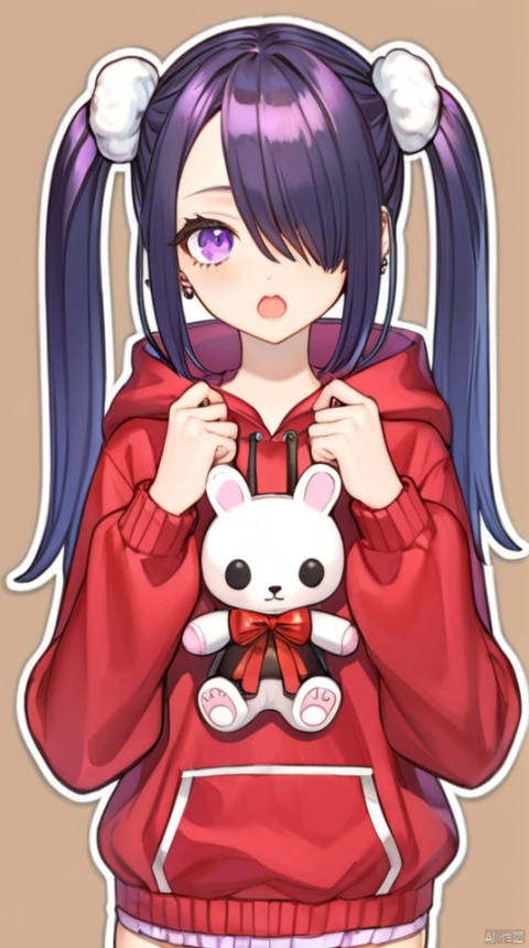  1girl, ame-chan_(needy_girl_overdose), animal_hood, animated, awayuki_(awyk_1), black_hair, bow, brown_background, character_doll, chibi, commentary_request, doll, hair_ornament, hair_over_one_eye, holding, holding_doll, hood, hood_up, hoodie, long_hair, looking_at_viewer, needy_girl_overdose, official_alternate_costume, open_mouth, outline, pill, purple_eyes, purple_hair, rabbit_hood, red_hoodie, solo, twintails, upper_body, video, white_bow, white_outline, x_hair_ornament, autoappealing, autoappealingdb, best quality, masterpiece, nai3