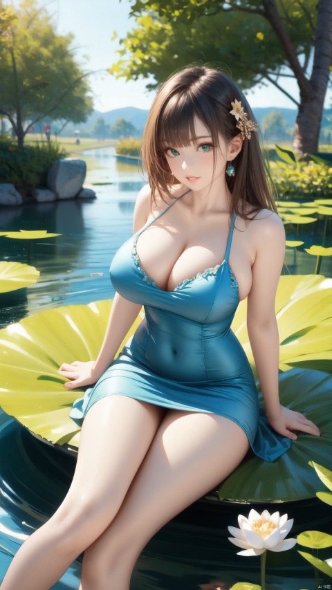 Clear face, masterpiece, ultra-detailed, epic composition, high quality, highest quality, 4k, a beautiful girl, turquoise dress, sitting on a large lotus leaf, lotus, sunlight