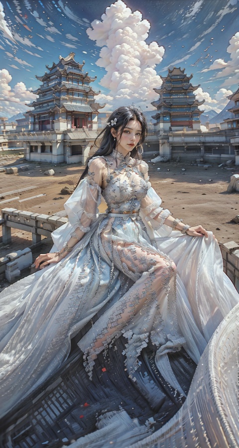  (Masterpiece: 1.2), the best quality, 1 girl, solo, whole body, white hanfu, black hair, long hair, detailed facial features, black eyes, sitting on the fence, back, red cloak, ancient temple, leap, polar Panorama, surrounded by Chinoiserie architecture, blue sky, cloud, wide-angle lens, fish eye, (black hair: 1.2), character focus, detailed ancient Chinese architecture, ultra fine, Beautiful, realistic, epic scene, high-rise building, (masterpiece), (best quality), POV from below