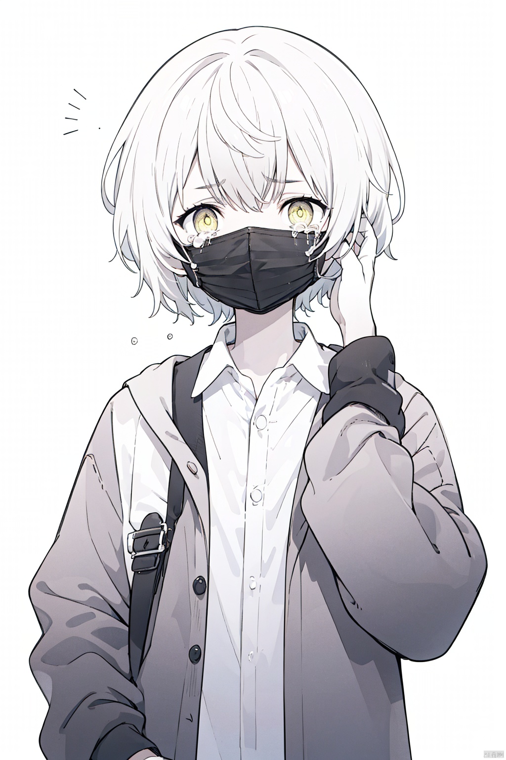 1boy, 1girl, collared_shirt, crying, crying_with_eyes_open, gloves, greyscale, greyscale_with_colored_background, hand_on_another's_head, highres, mask, monochrome, nai0524, parted_lips, shinzaki_kuon, shirt, short_hair, simple_background, sniper_mask_(tenkuu_shinpan), spot_color, suit, tears, tenkuu_shinpan, trilby, upper_body, yellow_background, yellow_eyes, autoappealing, autoappealingdb, best quality, masterpiece, nai3