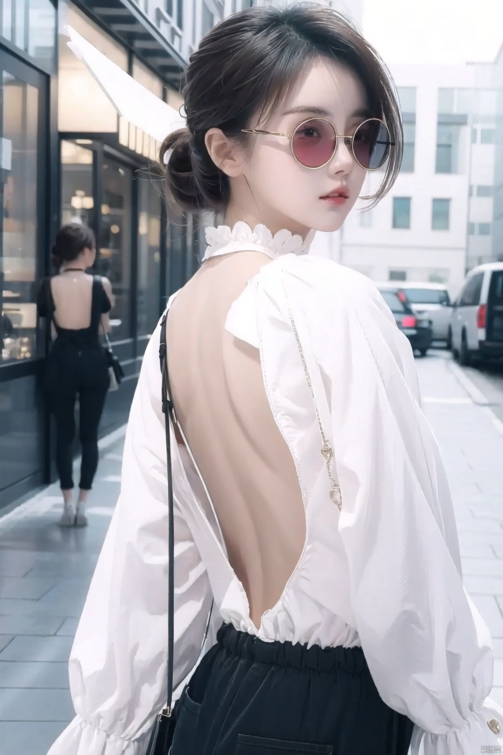 backless outfit,monocular glasses,