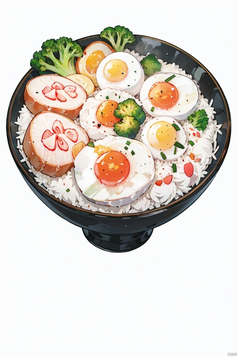animation,animation,high quality,high resolution,rice bowl,fried egg,braised pork,diced radish,beans,rice,broccoli