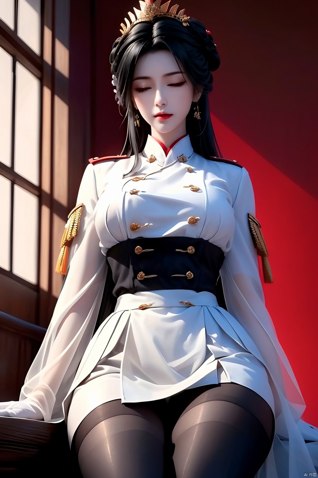  1girl, mature female, solo, looking at viewer, lace, strong rim light,(Indoor | Palace | Hall | Bedroom),gaoxiong, thighband pantyhose, uniform, black hair, ponytail, white gloves, military uniform, pleated skirt, bow, black pantyhose, hair bow, large breasts, very long hair, miniskirt, panties under pantyhose, sheath, underwear,, long sleeves, white skirt, bangs, buttons, double-breasted, white bow, sheathed,Blue,Punk，(1girl),white hair and yellow eyes,(emperor,black see-through clothes),(crown:1.1),sitting on the throne,eyes slightly closed,head down,(shy:1.2 ),(makeup),high contrast,(best illumination),(an extremely create and beautiful),(cinematic light),colorful，cartoon panda with a lot of food on a red background, mapo tofu cartoon, red panda on a propaganda poster, panda panda panda, inspired by Luo Ping, a beautiful artwork illustration, hand painted cartoon art style,inspired by Luo Mu, chinese new year in shanghai