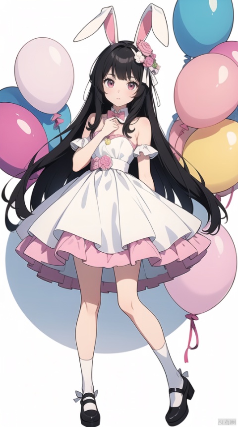 a cartoon girl with long hair and an elaborate hat and dress next to some pink and black balloons, 1girl, solo, halo, animal ears, black hair, wings, rabbit ears, pink eyes.pink bunny balloon.A long white ribbon on the balloon.rabbit shaped balloon.Mascot of many small white rabbits on the waist.white bunny ears on the head.light colored eyes.light colored mesh.white and black ribbon.long socks that reach above the knee.One of the socks is white and the other is black.There's a little bandage on my leg.balloons only pink.