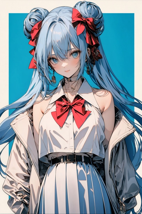 Long hair, light blue hair, pink streaks of hair, space bun hairstyle, flower hairpin, blue eyes, long-sleeve, button-up white shirt, a gray jacket with blue-green stripes, a red bow, dark blue-green pleated skirt, school background, add_detail:1, add_detail:0, add_detail:0.5