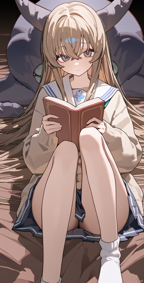  ningen mame, 1girl, solo, book, long hair, white hair, holding book, holding, bangs, bags under eyes, sailor collar, long sleeves, looking at viewer, cardigan, closed mouth, white sailor collar, hair between eyes, school uniform, very long hair, open book, grey eyes, bare legs, white socks,hyper super ultra detailed perfect piece, 8k, illustration, 1girl, brown hair, medium hair, evil, villain, beast tamer, beast, wild, glitch, pixelated, error, chromatic aberration, RGB