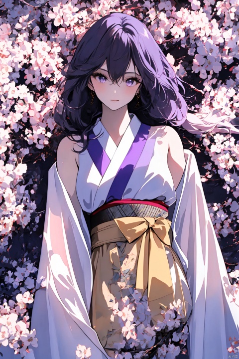  1girl, purple hair, dark purple hair, purple clip on hair, wearing Japanese clothes, Japanese clothes, purple and white Japanese clothes, holding a sword, holding a purple shiny sword, glowing purple sword, Japanese type sword, background charry blossom trees, beautiful pinkish charry blossom trees, dark purple sky, look at the view, lora:more_details:0.5, vibrant colors, masterpiece, sharp focus, best quality, depth of field, cinematic lighting, lora:more_details:0.5,wearing an apron, lora:more_details:0.5, naked and wearing an apron, Ymir Fritz