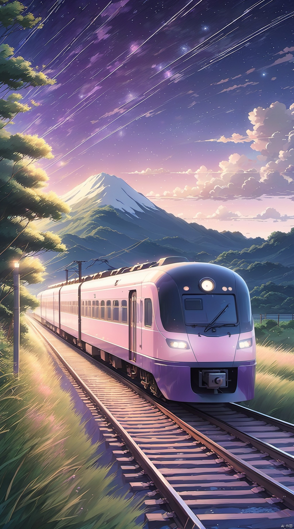 Masterpiece,anime train passing through bodies of water on tracks,purple and pink starry sky,brilliant starry sky. Romantic train,Makoto Shinkai's picture,pixiv,concept art,lofi art style,reflection. by Makoto Shinkai,lofi art,Beautiful anime scene,Anime landscape,detailed scenery ,in style of Makoto shinkai,style of Makoto shinkai,enhanced details
