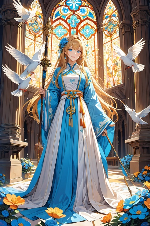 Masterpiece, sharph focus, best quality, ultra-detailed, vibrant acrylic color anime illustration, a merciful saintess with long golden hair and blue eyes, wearing a white robe and holding a jeweled staff, standing in the cathedral of the holy city, bathing in the sunlight from the stained glass, looking at the ceiling with a serene smile, surrounded by white doves and flowers. The scene is peaceful and holy, and the colors are bright and warm. The perspective is from the front, showing her full body and the majestic cathedral behind her. Simling 
BREAK 
delicate facial features, extremely detailed fine touch, lora:more_details:0.5, chinese clothes, hanfu, long sleeves, blue dress, hair flower, blue flower