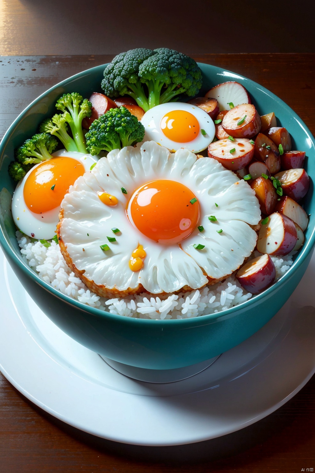 animation,animation,high quality,high resolution,rice bowl,fried egg,braised pork,diced radish,beans,rice,broccoli