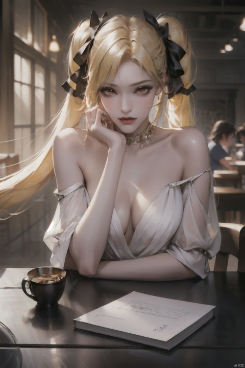  1girl,sitting,hands on face,(elbow on the table),table,pupils sparkling,
depth of field,shopping street,
wind,floating hair,pure,lovely,cute,walking,
shirt,off-shoulder,bow,hair ribbon,upper_body
yellow hair,red eyes,twintails,bangs,
