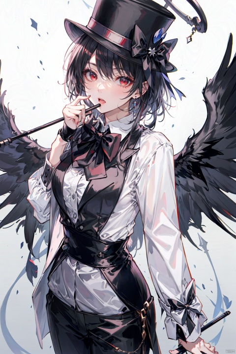 black_top_hat, black_tuxedo, bow_tie, black_slacks, white_shirts_oficial, hold_cane, <lora，more_details0.5>, black_hair, red_eyes, red_halo, 2_black_wings, beautiful_hair, beautiful_eyes, 1_beautiful_girl, cute_face, beautiful_face, beautiful, best_quality, good_anatomy