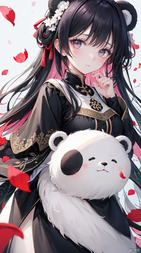 1girl:1.3, (line art:1.3), immunity:1.3, long hair, curly hair, loose hair, big hair, dense hair, black hair, red eyes, panda bear costume, intricate, simple, affordable, engraving, craftsmanship, (flowers, petals), enticing art pose, whimsical, absurdres, highres, ultra detailed, lora:more_details:0.5