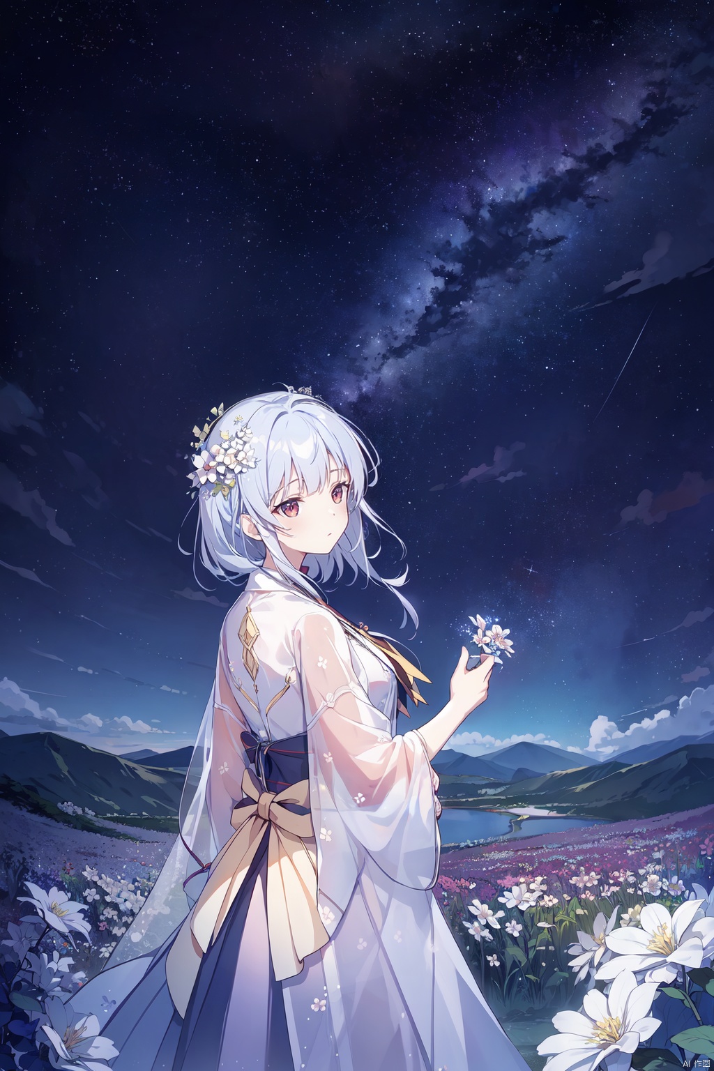 masterpiece, best quality, extremely detailed, anime, midnight, starry sky, clear weather, grasslands, (flower:1.4)(((blooming))), river, hill, ((light particles)), superb view, lora:more_details:0.5, World in a bottle, glowify