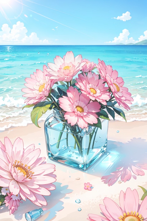 Super realistic scene,makeup bottle,surrounded by pink flowers wrapped around,blue sky background,water,sunlight,low perspective,blender,product rendering,HD 8K