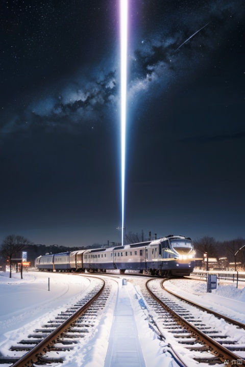 There is a train running along the tracks in the snow,Makoto Shinka's concept art,tumblr,magic realism,beautiful anime scenes,cosmic sky,((makoto shinkai)),anime background art, anime backgrounds,galaxy express, no humans
