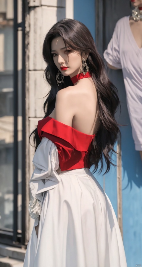  Colorful background, 1girl, long hair, solo, jewelry, looking at viewer, earrings, upper body, red choker, bangs, choker, bare shoulders, closed mouth, hair intakes, dress, wavy hair, sleeveless, necklace, {head tilt}, msaibo, evil, evil face, mjiaocha, {letterboxed}, 
hair_vents,rubynecklace,blackchoker,looking back,{white hair}, {letterboxed}, {letterboxed}, 
official,1girl, official, klara,1girl,white hair,long hair,red eyes,red coat,white shirt,long sleeves, dress,thigh strap,