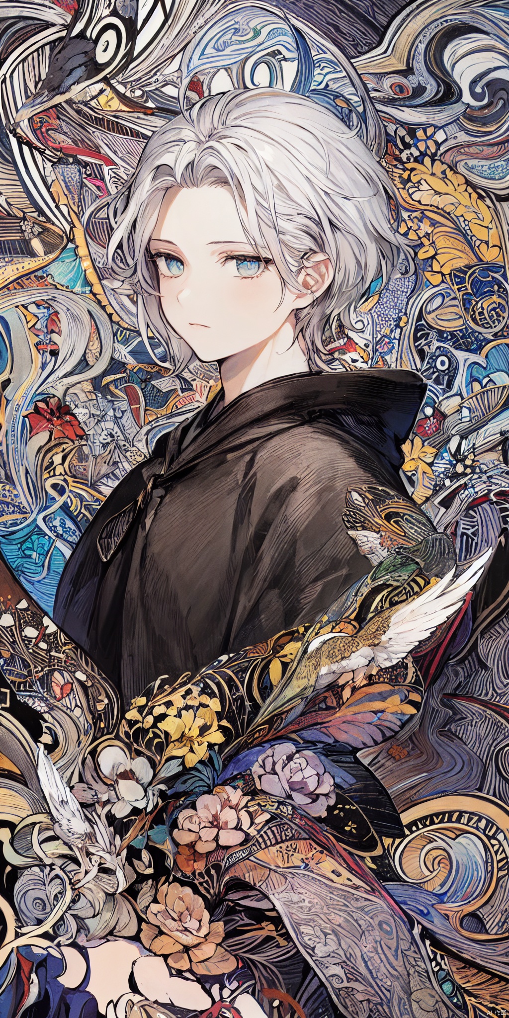 realistic, masterpiece,top quality,best quality,official art,beautiful and aesthetic,extremely detailed,fractal art,colorful,highest detailed,zentangle,(abstract background:1.5),(1boy:1.3),(birds),silver hair,bright eyes,hair slicked back,short hair,black robe
