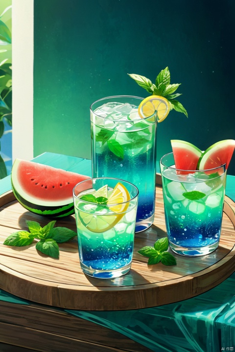 In summer,a cool iced drink,glass,good-looking glass,perfect glass,sparkling water,blue to green gradient,mint,lemon,placed on a wooden tray with a few pieces of watermelon next to it