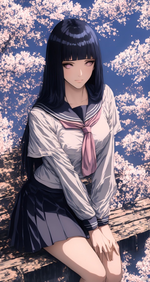  1girl, solo, long_hair, pink_hair, cherry_blossoms, skirt, very_long_hair, ripples, school_uniform, twintails, black_skirt, reflection, serafuku, from_above, neckerchief, shirt, pleated_skirt, pink_eyes, sailor_collar, long_sleeves, black_shirt, flower, black_serafuku, sitting, water, looking_up, bangs, looking_at_viewer, petals, closed_mouth, black_sailor_collar