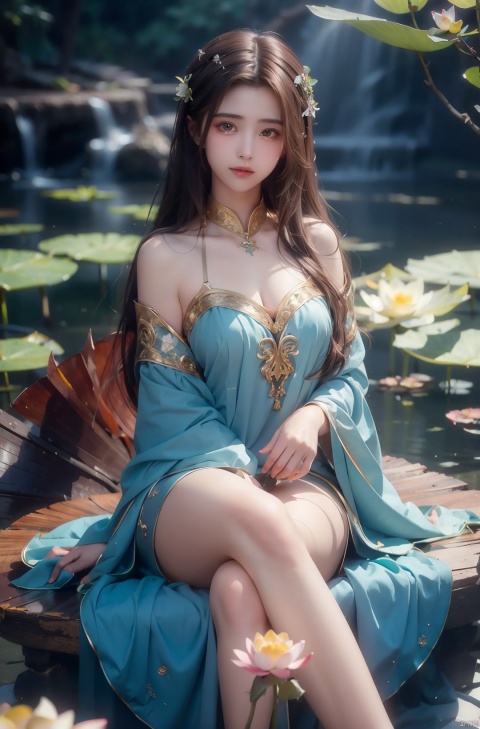 Clear face, masterpiece, ultra-detailed, epic composition, high quality, highest quality, 4k, a beautiful girl, turquoise dress, sitting on a large lotus leaf, lotus, sunlight