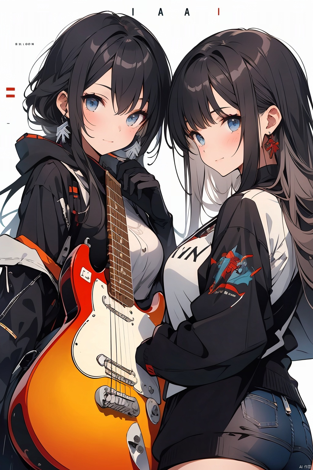 two girls, electric guitar of Rune text motif, electric guitar of Gaelic text motif