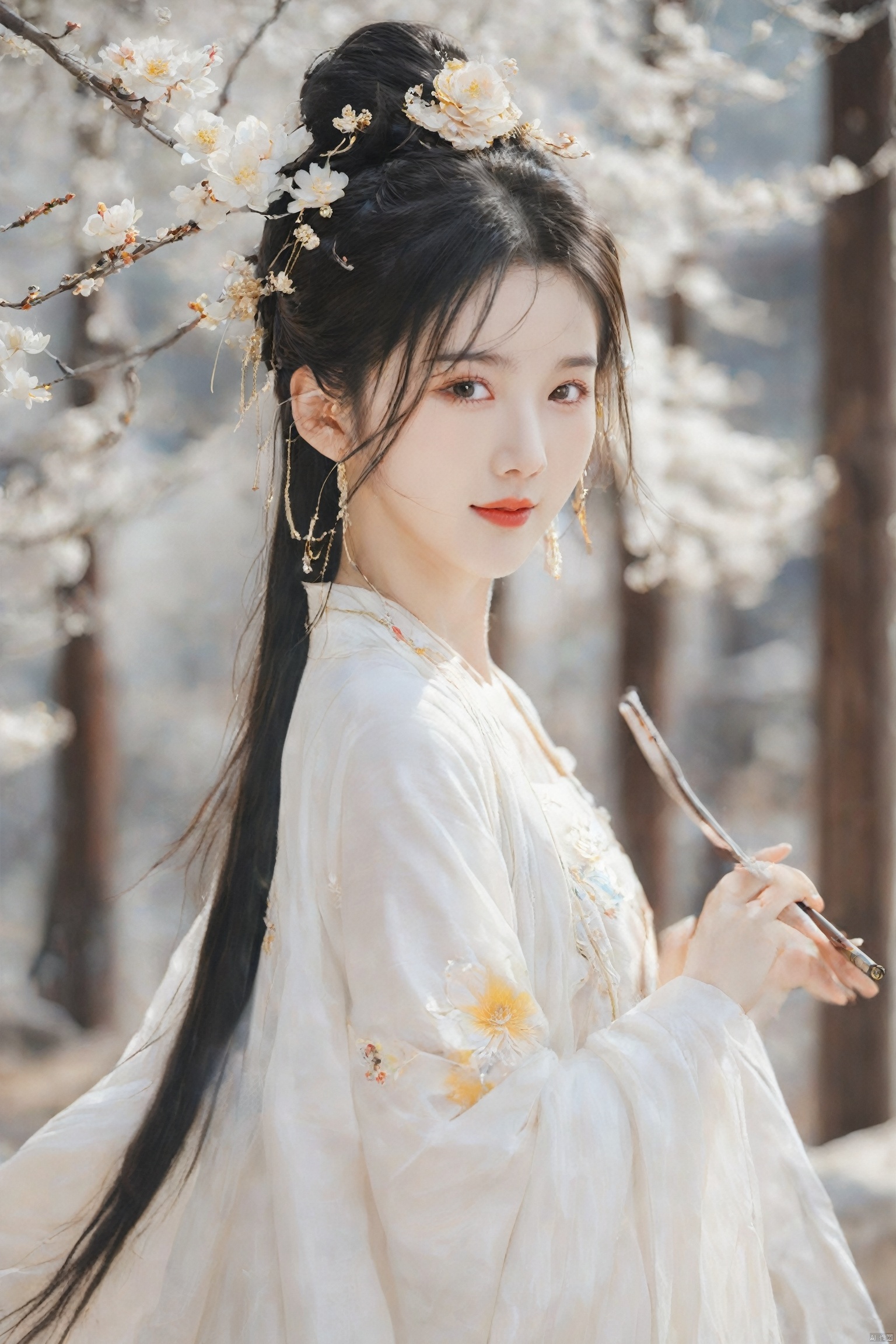  best quality, masterpiece,cowboy_shot,(Good structure),,a girl,xianjing,Off-the-shoulder, bust photo,upper body,Hanfu, Cloud, Smoke,branch,flower, smile,Gaze at the audience, Ink scattering_Chinese style, ((poakl)), ,looking_at_viewer,kind smile, , chinese dress,white dress, liuyifei,long_hair