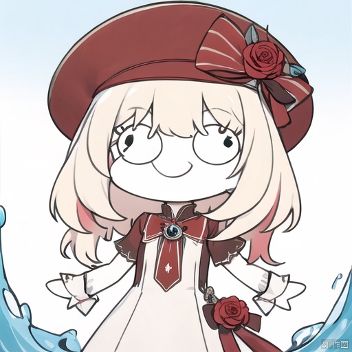  wings,masterpiece, best quality, 1girl, solo, long hair, looking at viewer, bangs, blonde hair, red eyes, hat, dress, bow, holding, very long hair, flower, short sleeves, multicolored hair, parted lips, water, white dress, wrist cuffs, black bow, rose, heterochromia, white headwear, bug, red flower, butterfly, red rose