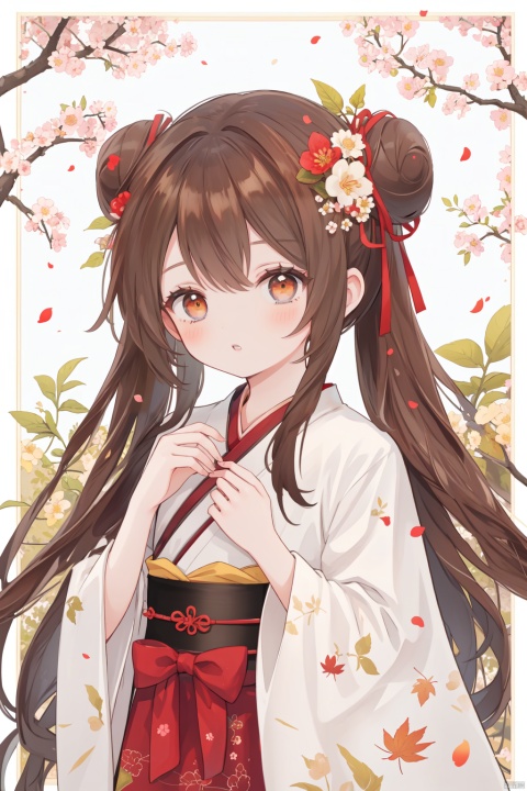  1girl, arm_up, artist_name, autumn, autumn_leaves, bangs, bare_tree, bird, border, branch, brown_eyes, brown_hair, cherry_blossoms, chinese_clothes, double_bun, flower, hair_ornament, hanfu, leaf, long_hair, long_sleeves, looking_at_viewer, maple_leaf, orange_flower, parted_lips, red_flower, red_ribbon, ribbon, solo, tree, upper_body, very_long_hair