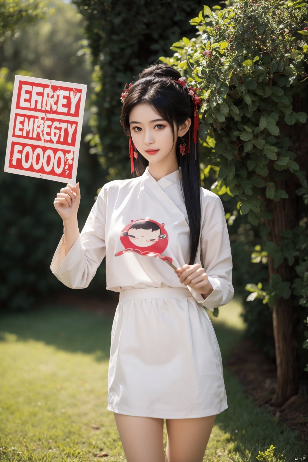 1girl, (paimon), genshin impact, chibi, flying, (holding a sign saying "BEST EMERGENCY FOOD":1.5), forest as background, (masterpiece:1.2), (best quality:1.2), newest, ai-generated, intricate details