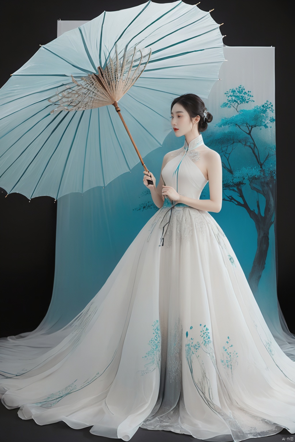  
/I Foreground a tree, Chinese beauty holding an umbrella, cyan and white color matching, ink painting minimalist style, large white space, tulle translucent material, soft gradient, perspective aesthetics